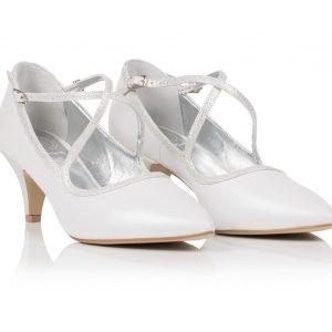 Buty ślubne perła biel ze srebrnymi paskami - Ivet