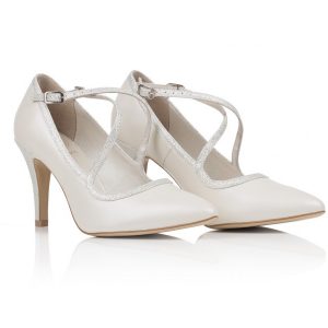 Buty ślubne perła ekru ze srebrnymi paskami - Amber